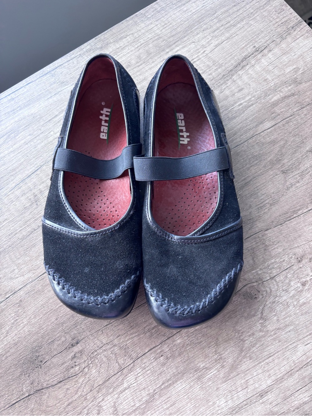 Earth Black Suede Mary Jane Flats with Cushioned Red Insole